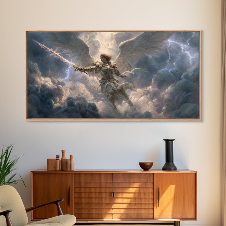 Warrior Angel With Sword Framed Canvas Print, Fantasy Wall Art, Christian Artwork, Storm Clouds, Gift For Him Or Her, Fine Art Print
