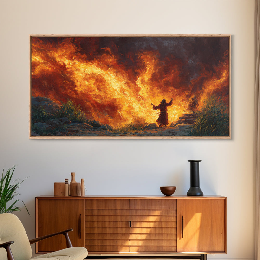 Prophet Before Roaring Flames Canvas Print, Biblical Fire Wall Art, Dramatic Spiritual Prayer Room Decor, Christian Gift For Him