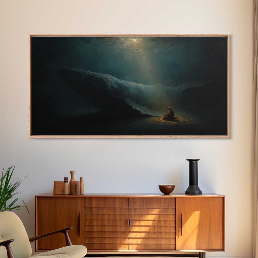 Mystic Whale And Tiny Kayaker Wall Art, Surreal Ocean Canvas Print, Moody Sea Life Decor For Bedroom Or Office Wall Decor