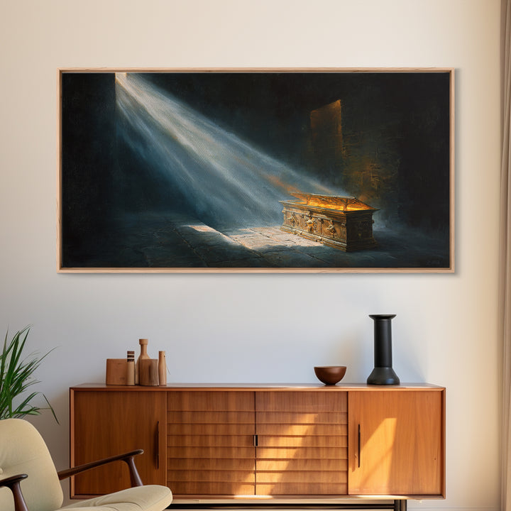 Golden Ark In Sacred Shadow Framed Canvas Print, Biblical Wall Art, Dark Academia Decor, Spiritual Housewarming Gift For Her
