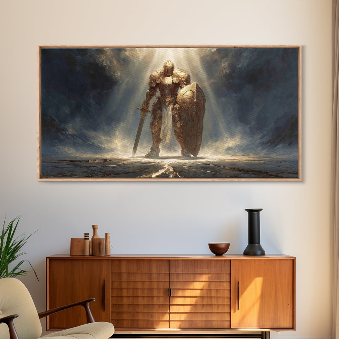 Golden Knight In Storm Light Framed Canvas Print, Epic Fantasy Warrior Large Wall Decor, Medieval Armor Art, Gift For Him