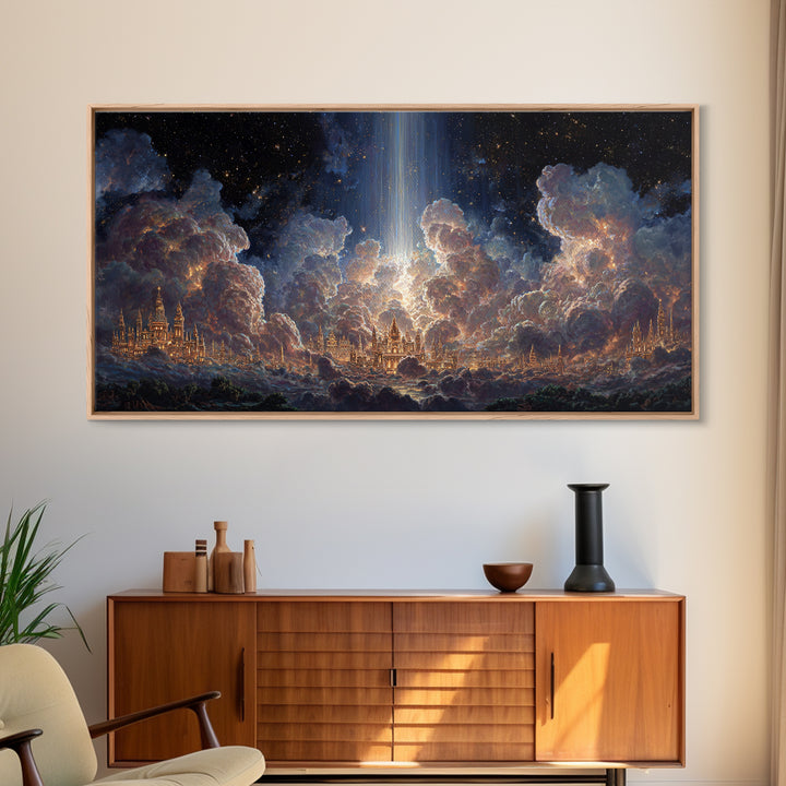Heavenly Cloud City With Star Beam Canvas Print, Celestial Fantasy Art, Large Wall Decor, Spiritual Home Decor Gift For Her