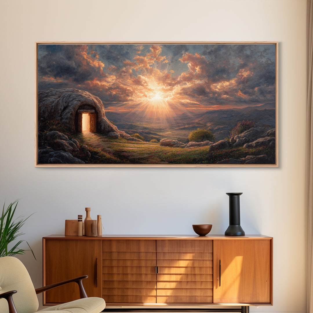 Empty Tomb Sunrise Framed Canvas Print, Christian Wall Art, Resurrection Painting, Easter Decor, Inspirational Gift For Her