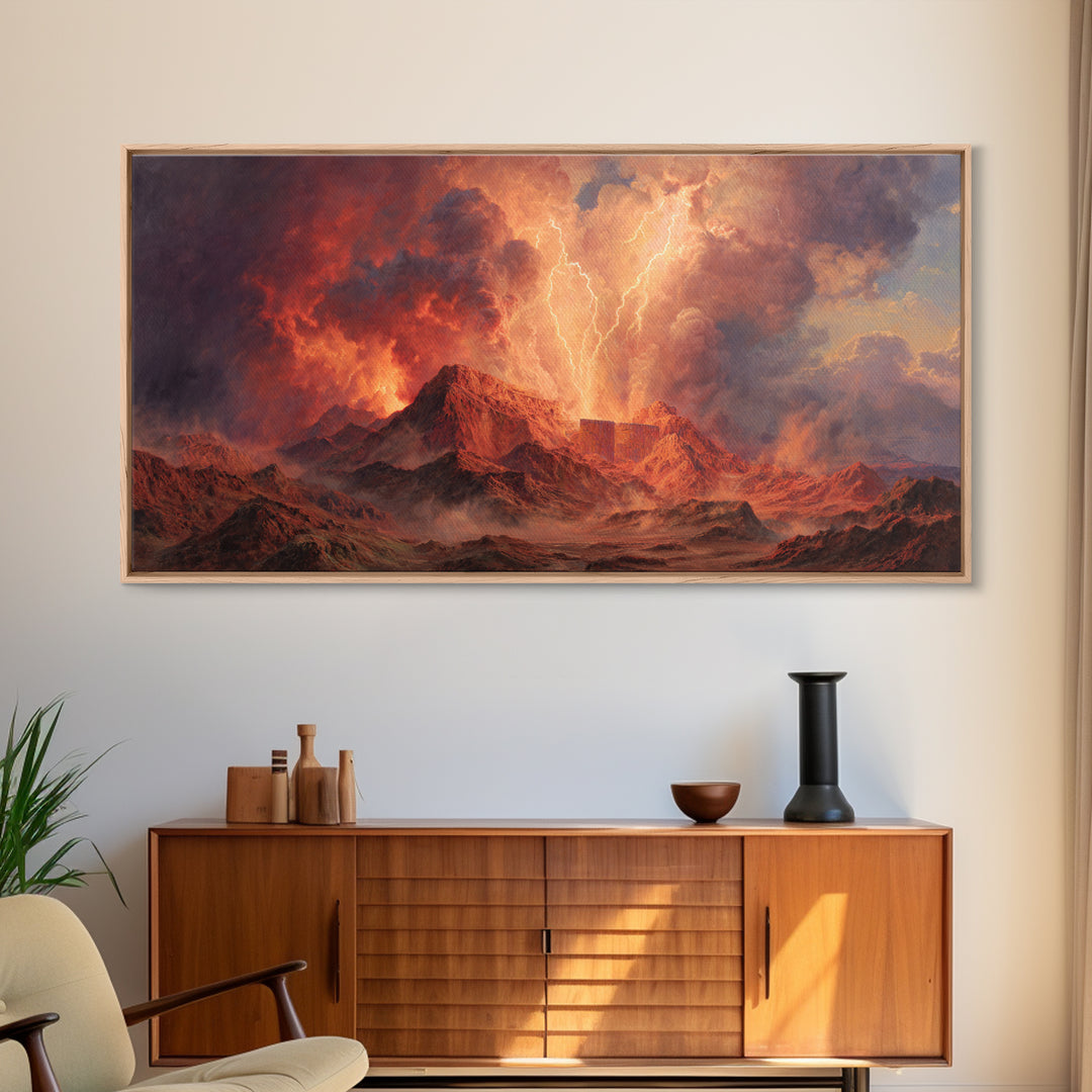 Fiery Mountain Storm With Lightning Over Red Peaks Framed Canvas Print, Dramatic Landscape Wall Art, Large Modern Art, Office Decor