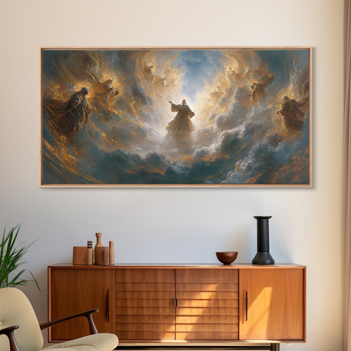 Angels And Divine Figure In Luminous Clouds Framed Canvas Print, Spiritual Wall Art, Religious Decor, Christian Gift Idea