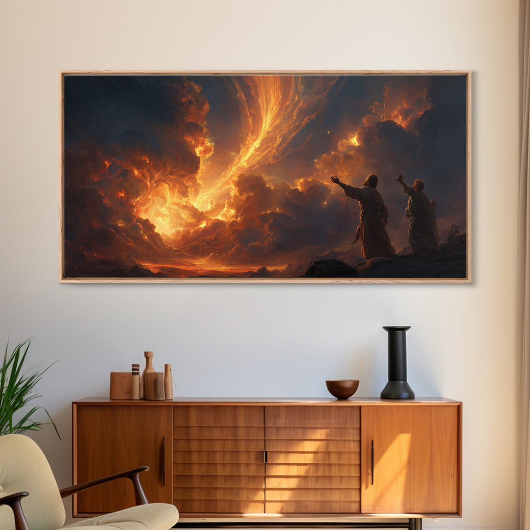 Fiery Pillar In Storm Clouds Framed Canvas Print, Biblical Wall Art, Spiritual Landscape Decor, Christian Gift For New Home