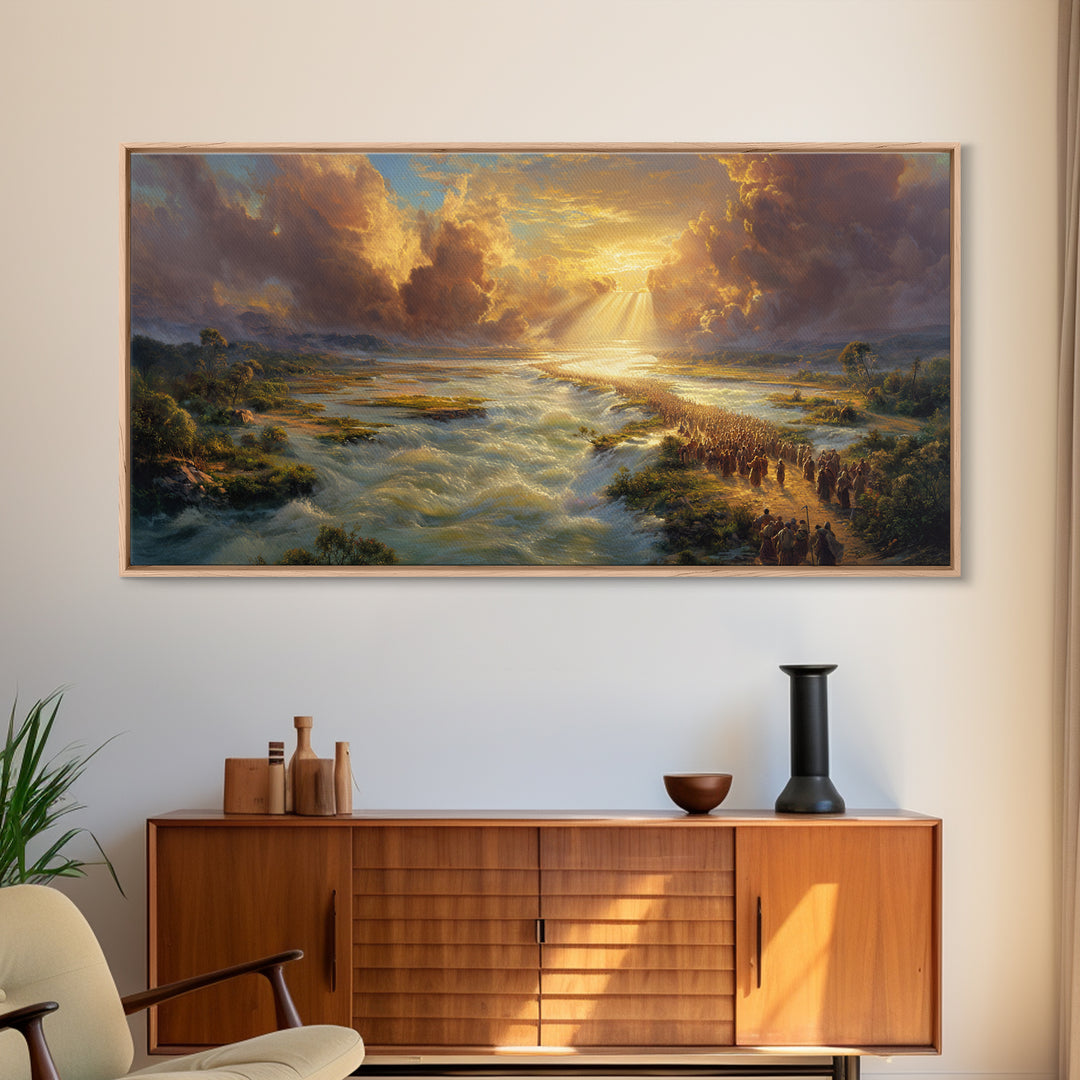 Exodus River Crossing Canvas Print, Golden Biblical Landscape Painting, Christian Wall Decor, Housewarming Gift For Living Room