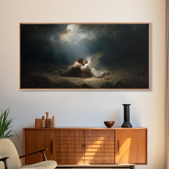 Angel Embracing Fallen Man Wall Art, Dark Baroque Canvas Print, Religious Fine Art, Spiritual Gothic Home Decor Gift For Her