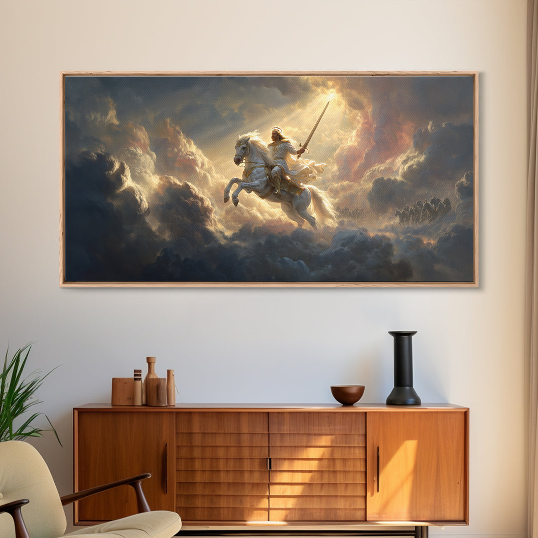 Heavenly Knight On White Horse Framed Canvas Print, Cloud Warrior Fantasy Art, Christian Wall Art, Epic Gift For Him, Living Room Decor