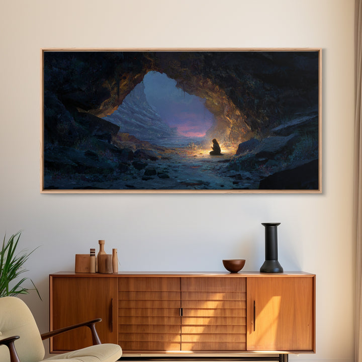 Meditating Figure In Mountain Cave Framed Canvas Print, Mystical Landscape Wall Decor, Zen Fantasy Art For Home And Office Decor