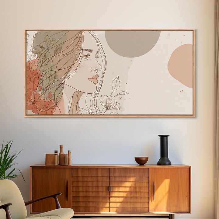 Elegant Woman Profile Wall Art, Floral Line Drawing, Feminine Canvas Print, Neutral Boho Bedroom Decor, Gift For Her, Modern Home Decor