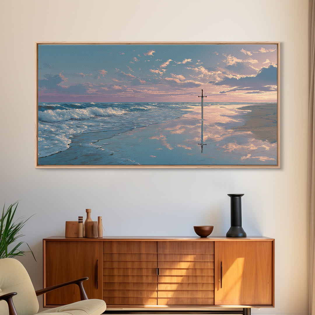 Ocean Sunrise Cross On Wet Sand Framed Canvas Print, Christian Wall Art, Coastal Beach Decor, Peaceful Seascape Art Gift