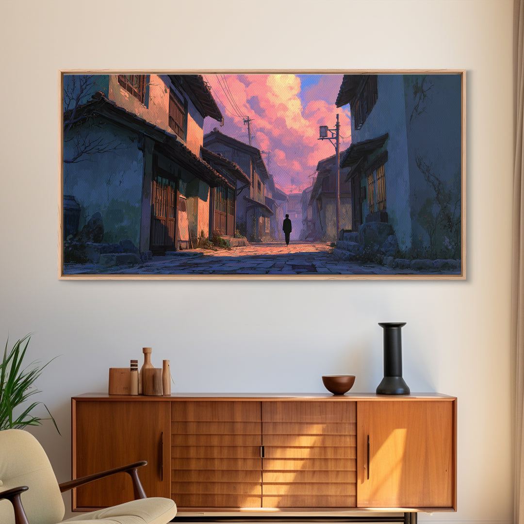 Japanese Twilight Alley Wall Art, Anime Inspired Canvas Print, Moody Urban Landscape, Japandi Decor For Home Office And Gift