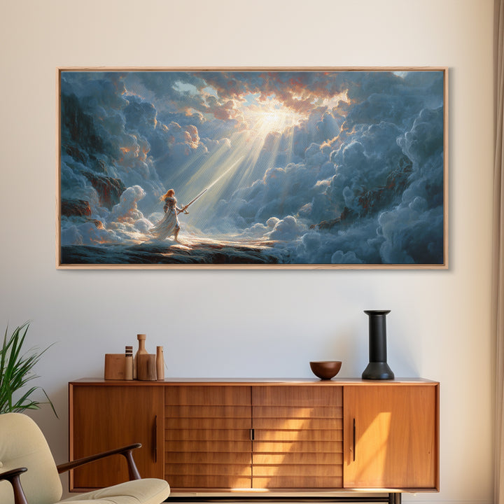 Angel Warrior In Heavenly Clouds Framed Canvas Print, Fantasy Woman Art, Divine Light Wall Decor, Spiritual Gift For Her