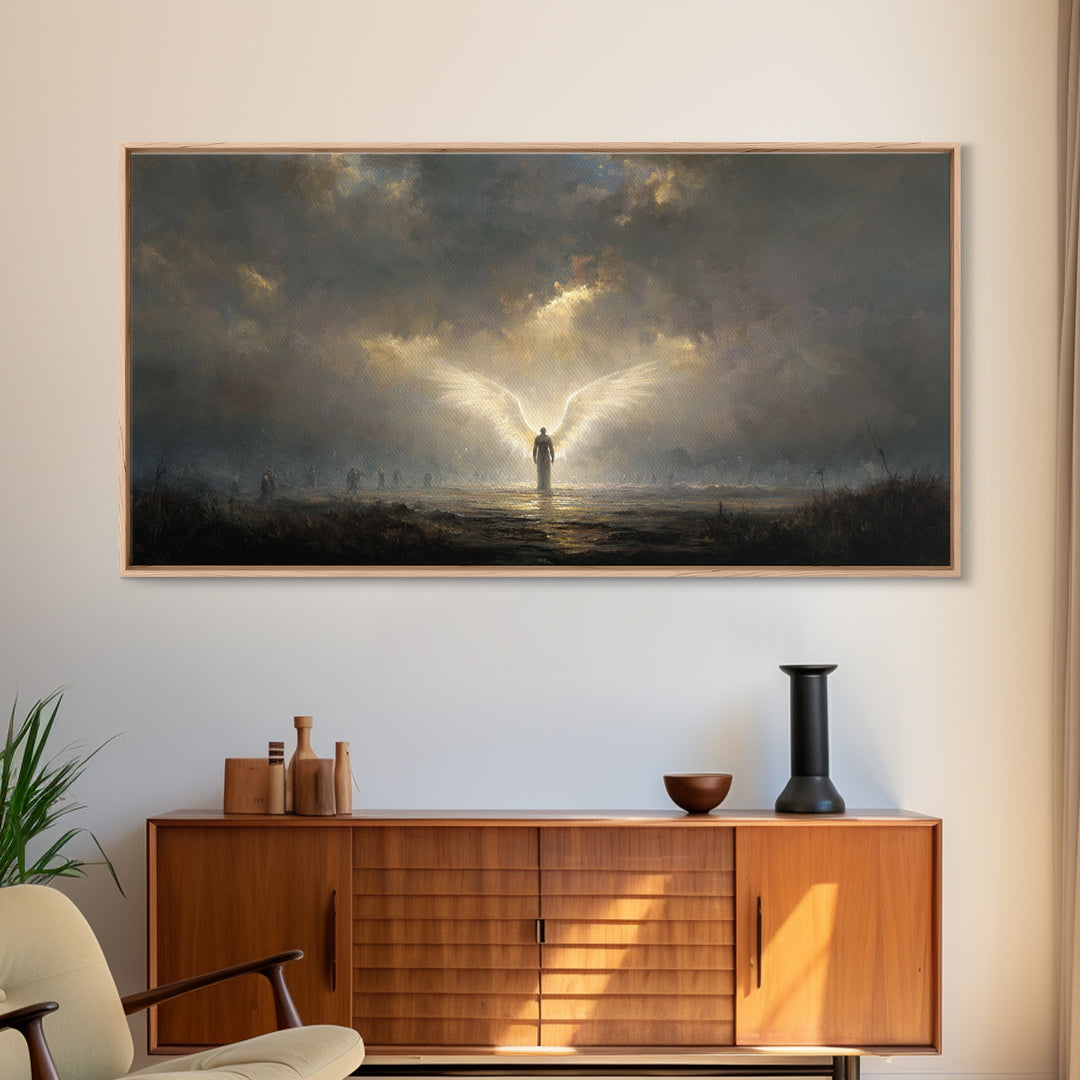 Radiant Angel In Storm Wall Art, Dark Fantasy Spiritual Canvas Print, Moody Religious Decor For Prayer Room And Bedroom Decor