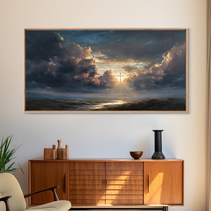 Radiant Cross In Storm Clouds Wall Art, Christian Landscape Canvas Print, Inspirational Faith Decor, Spiritual Sky Art Print