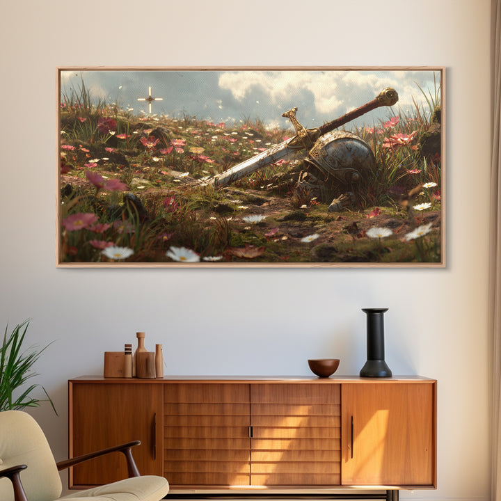 Flowered Battlefield Sword And Helmet Canvas Print, Fantasy Art, Knight Wall Decor, Gothic Gift For Him, Large Wall Art Print