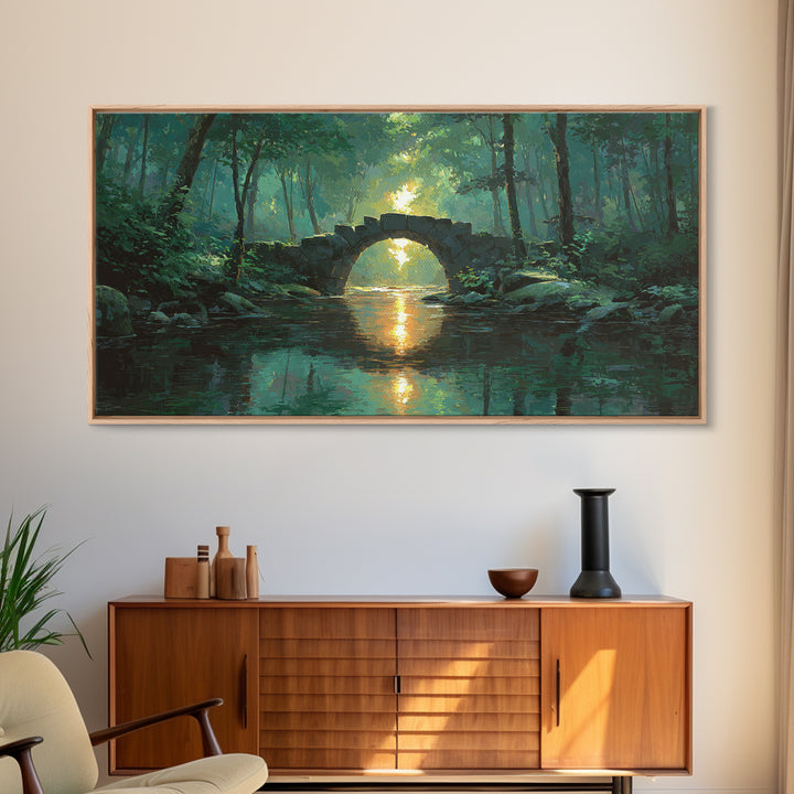 Sunlit Stone Bridge Over Forest River Canvas Print, Tranquil Landscape Wall Art, Japandi Nature Decor, Calming Home Gift