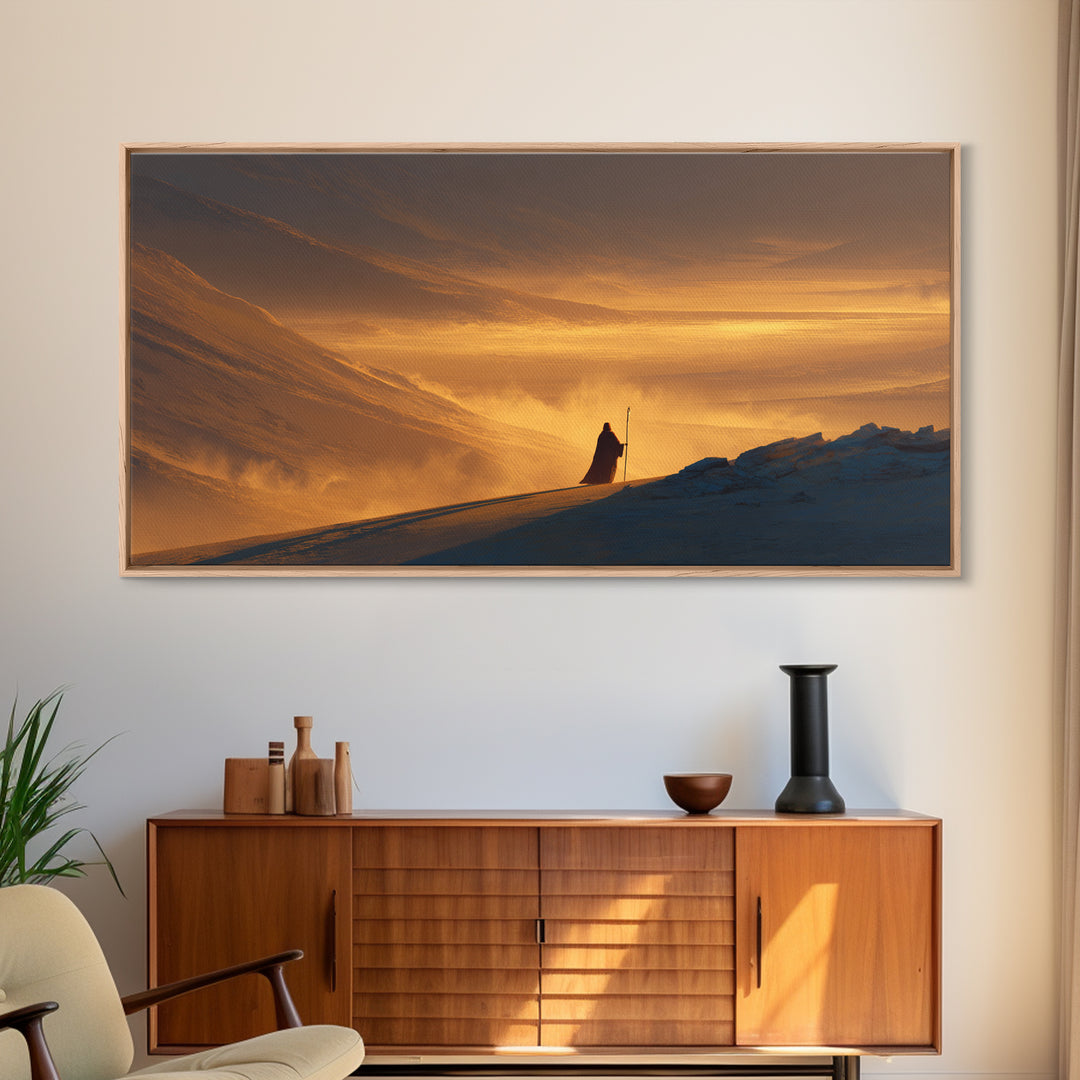 Lone Traveler In Golden Snowy Mountains Canvas Print, Epic Sunset Landscape Wall Art, Rustic Adventure Home Decor Gift For Him