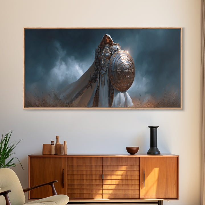Armored Woman Warrior Framed Canvas Print, Fantasy Wall Art, Shield And Sword Decor, Strong Female Hero, Gamer Gift For Her