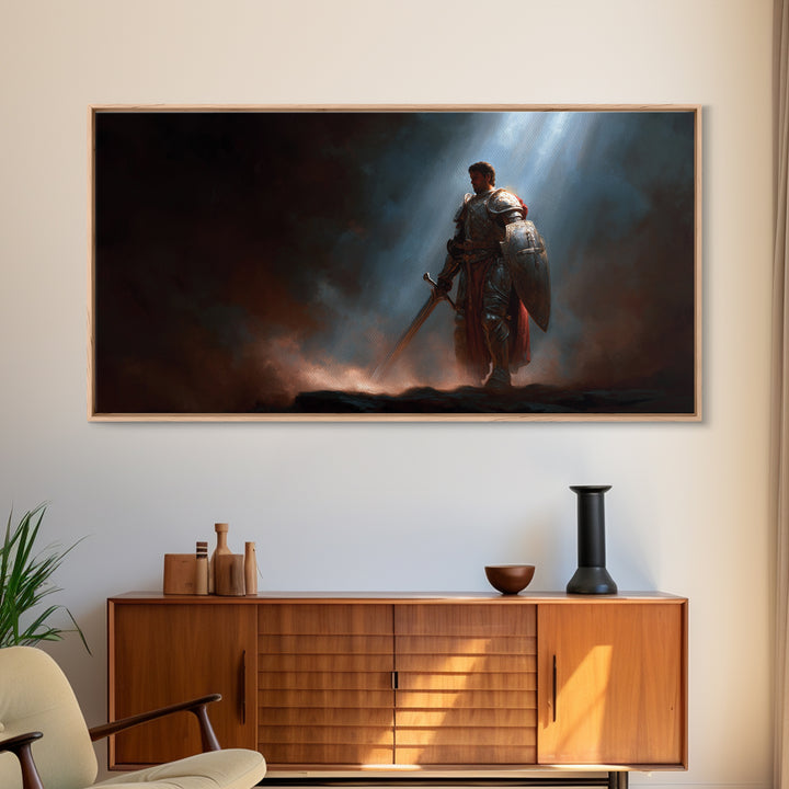 Armored Knight In Dramatic Light Canvas Print, Dark Fantasy Wall Art, Medieval Warrior Decor, Gothic Gift For Him, Game Room Art