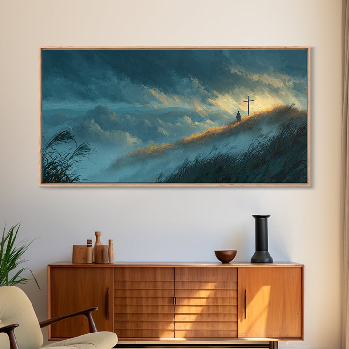 Sunlit Mountain Hill With Lone Cross Wall Art, Spiritual Landscape Canvas Print, Christian Decor, Calming Nature Art For Bedroom