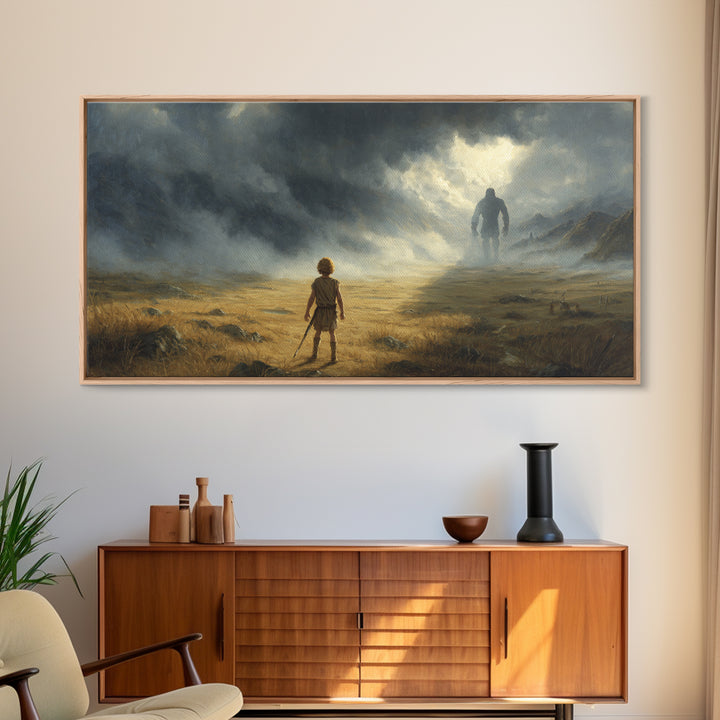 Child Facing Giant In Stormy Valley Wall Art, Fantasy Landscape Canvas Print, Moody Adventure Decor, Dark Surreal Gift For Him