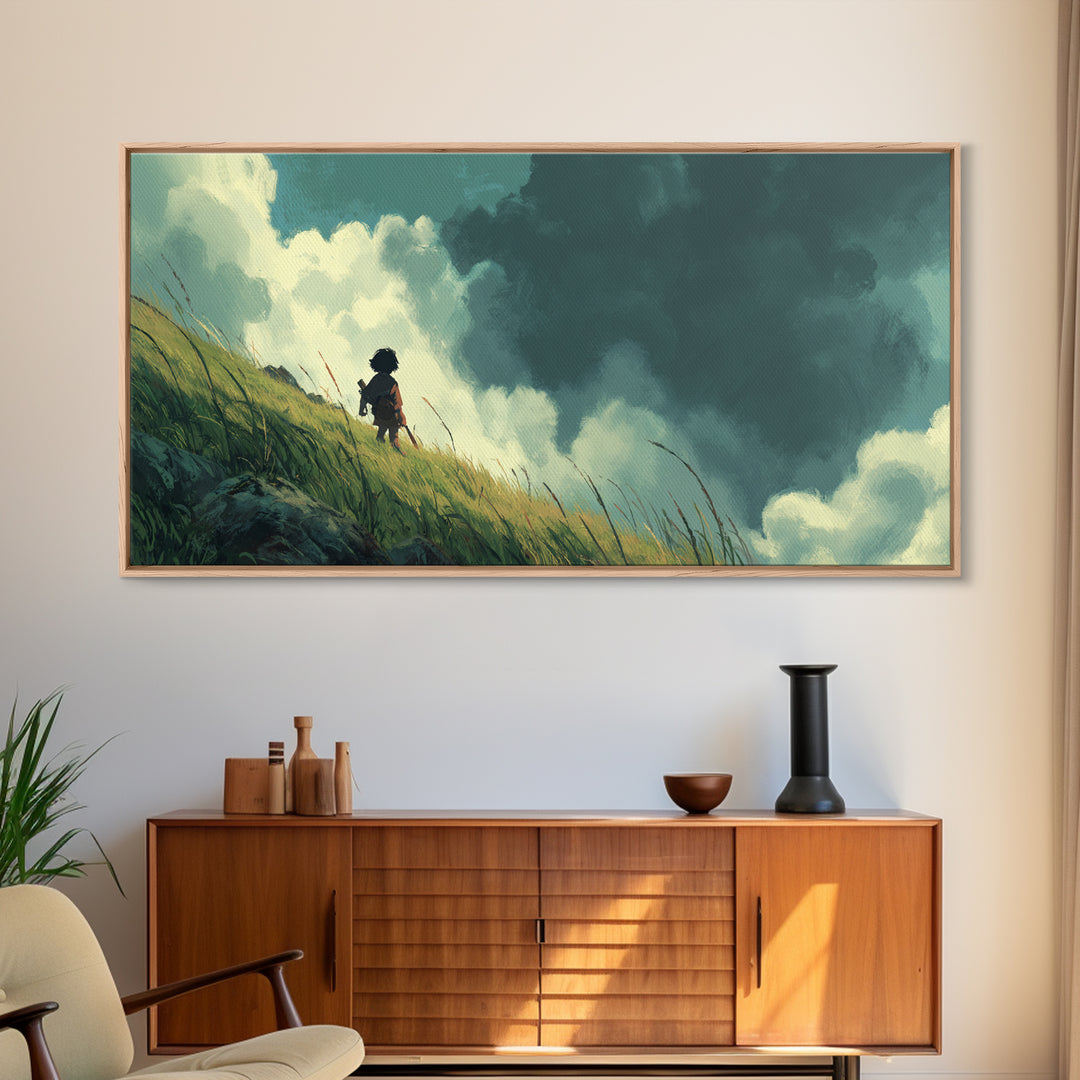 Child On Windswept Grassy Hill Wall Art, Dramatic Cloud Landscape, Whimsical Nursery Decor, Fantasy Adventure Canvas Print