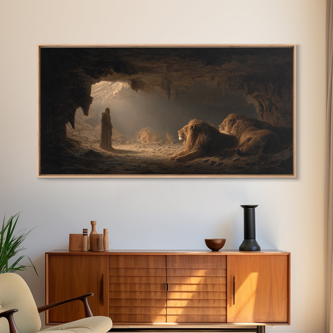 Daniel In The Lions Den Wall Art, Biblical Fantasy Canvas Print, Dramatic Cave Painting, Christian Home Decor Inspirational Gift