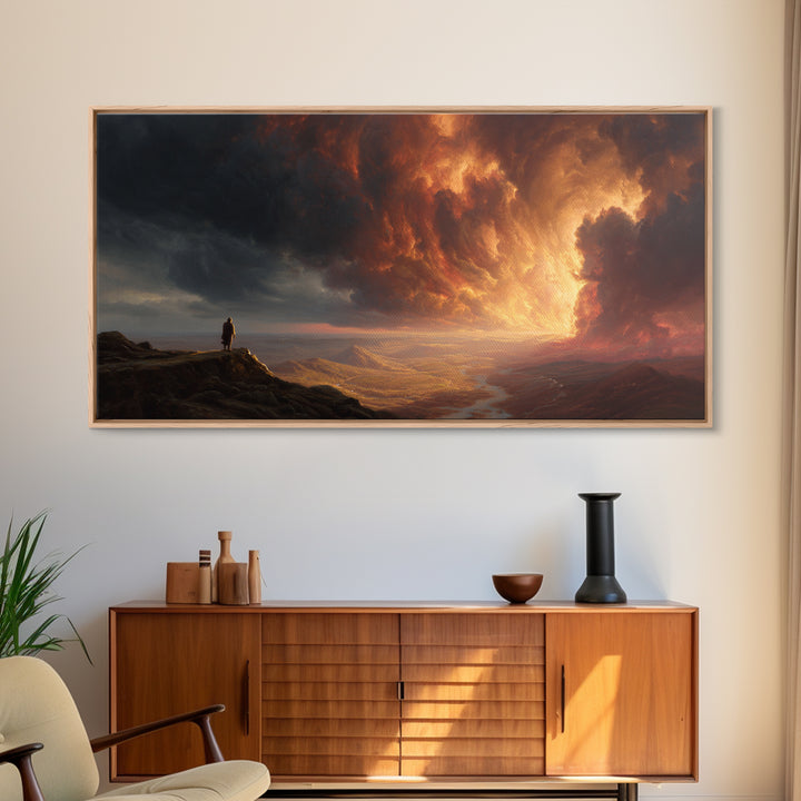 Lone Traveler Storm Valley Wall Art, Dramatic Sunset Landscape Canvas Print, Moody Mountain Decor, Fantasy Fine Art Print