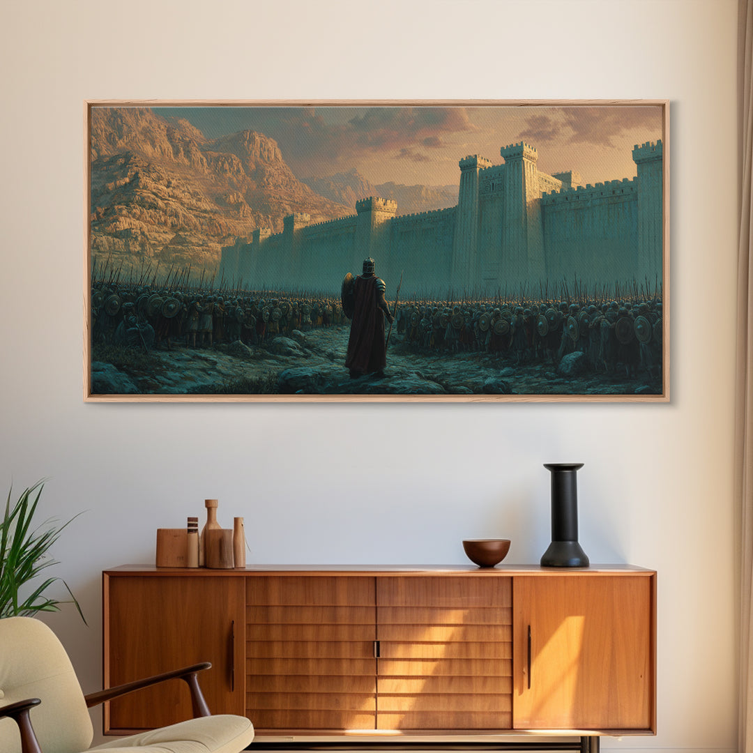 Lone Commander Before Castle Army Wall Art, Epic Medieval Fantasy Canvas Print, Knight Battle Landscape, Man Cave Decor, Gift For Him