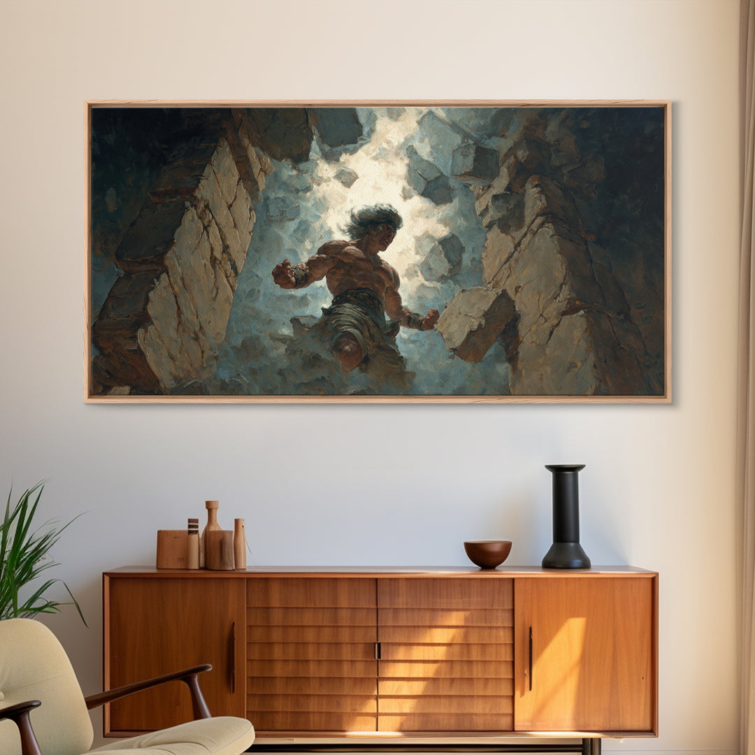 Mighty Warrior Breaking Stone Wall Art, Dramatic Fantasy Canvas Print, Epic Battle Decor For Game Room Or Man Cave Wall Decor
