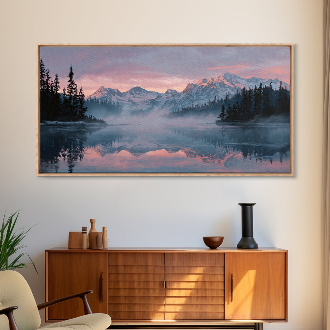 Pink Alpine Mountain Lake Wall Art, Misty Forest Landscape Canvas Print, Nature Decor, Large Wall Art For Living Room Decor