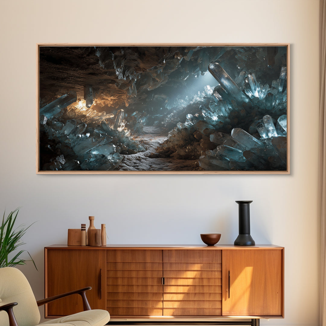Glowing Crystal Cave Fantasy Canvas Print, Blue Quartz Cavern Wall Decor, Mystical Landscape Art, Unique Gamer Room Gift