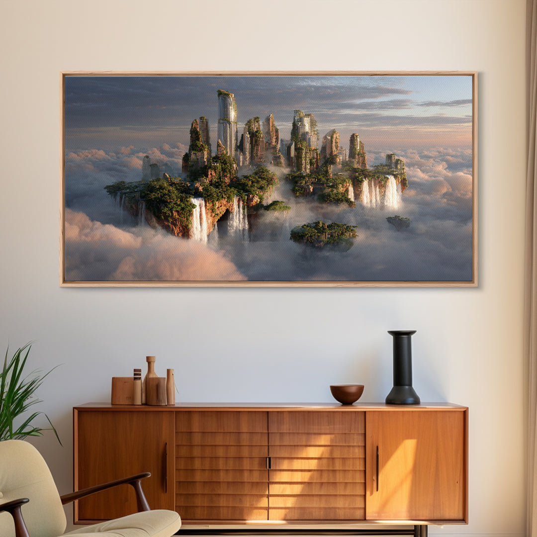 Floating Island City Above Clouds Wall Art, Fantasy Landscape Canvas Print, Surreal Modern Decor, Statement Artwork Gift
