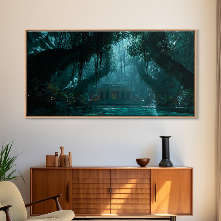 Teal Jungle Temple Cave With Waterfall Wall Art, Fantasy Canvas Print, Moody Nature Decor, Zen Home Decor, Unique Gift For Her