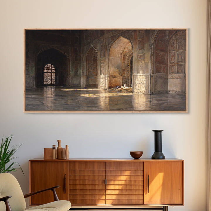 Sunlit Islamic Architecture Wall Art, Historic Mosque Interior Canvas Print, Moroccan Arches Decor, Prayer Room Gift For Home
