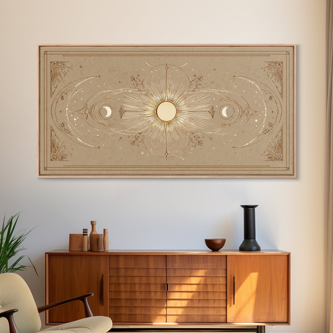 Celestial Sun And Moon Wall Art, Gold Mystic Canvas Print, Boho Astrology Decor, Neutral Bedroom Above Bed Wall Decor, Housewarming Gift