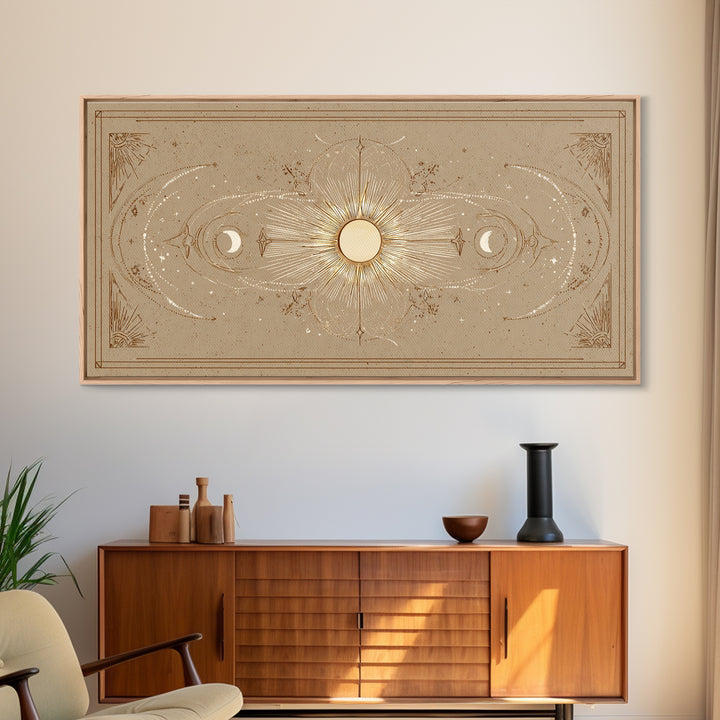 Celestial Sun And Moon Wall Art, Gold Mystic Canvas Print, Boho Astrology Decor, Neutral Bedroom Above Bed Wall Decor, Housewarming Gift