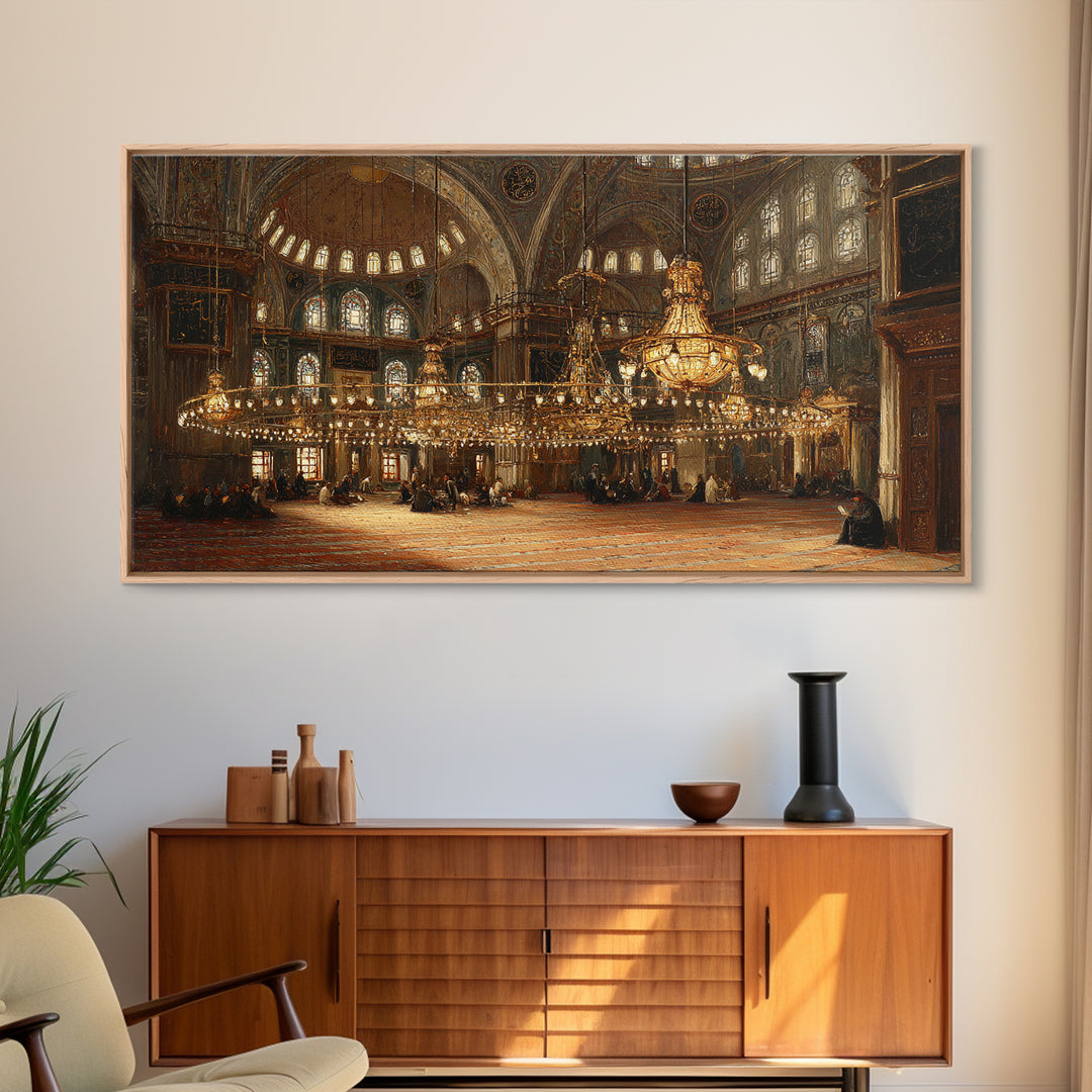 Ornate Mosque Interior With Golden Chandeliers Framed Canvas Print, Islamic Architecture Wall Art, Elegant Ramadan Decor