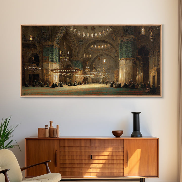Golden Mosque Interior Prayer Hall Wall Art, Islamic Architecture Framed Canvas Print, Spiritual Decor, Eid Housewarming Gift