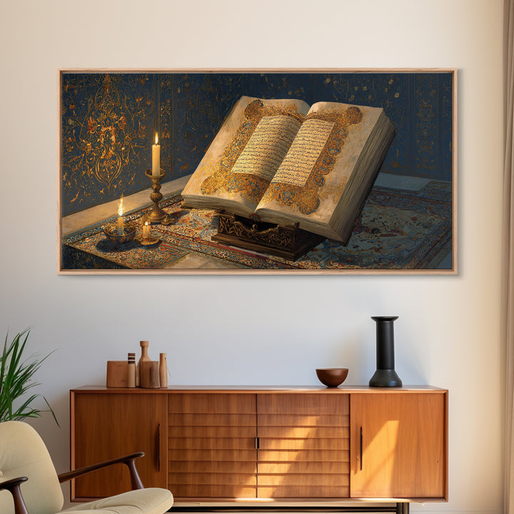 Open Quran With Candlelight Wall Art, Islamic Calligraphy Canvas Print, Arabic Scripture Decor, Ramadan Prayer Room Art Print