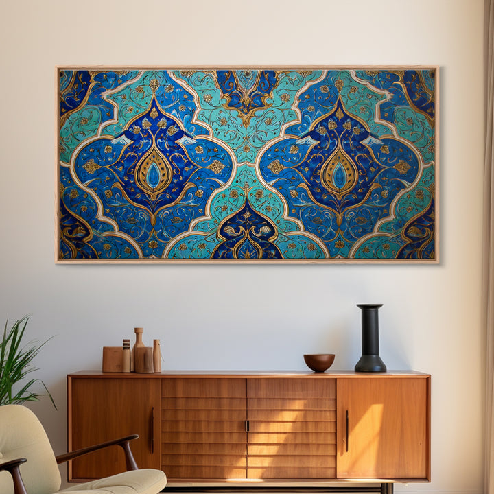 Blue Gold Moroccan Tile Pattern Wall Art, Islamic Home Decor, Boho Wall Decor, Geometric Art, Luxury Statement Artwork Gift