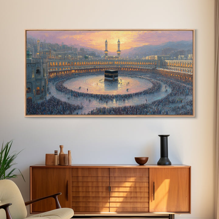 Sunset Kaaba Pilgrimage At Mecca Framed Canvas Print, Islamic Wall Art, Muslim Home Decor, Spiritual Gift, Prayer Room Decor