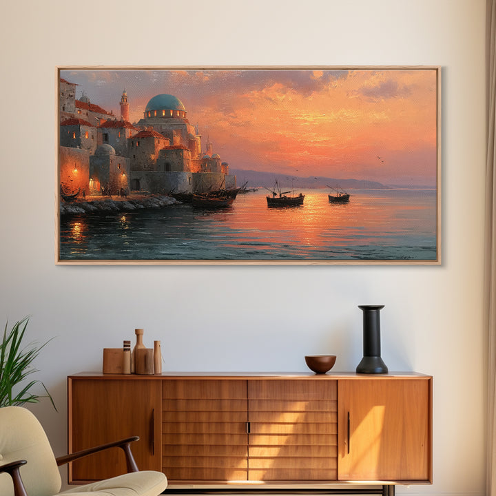 Mediterranean Dome Harbor Sunset Canvas Print, Coastal Wall Art, Italian Seascape Decor, Boats Over Water, Travel Gift Idea
