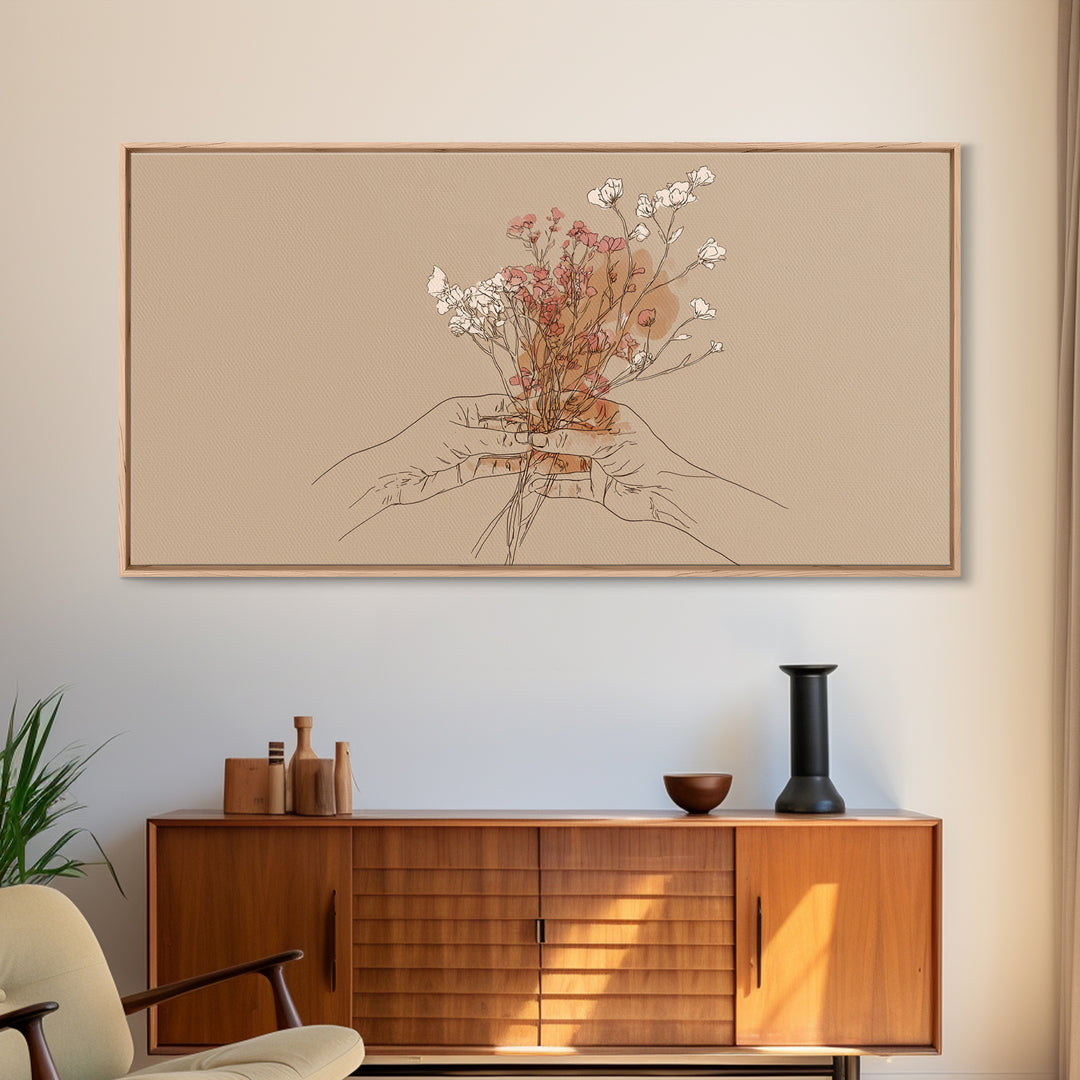 Hands Holding Wildflowers Wall Art, Minimal Line Art Canvas Print, Neutral Botanical Decor, Feminine Bedroom Gift For Her