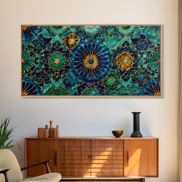Teal Gold Floral Mosaic Canvas Print, Moroccan Wall Art, Geometric Pattern Decor, Mediterranean Tile Gift For Her, Luxury Home Decor