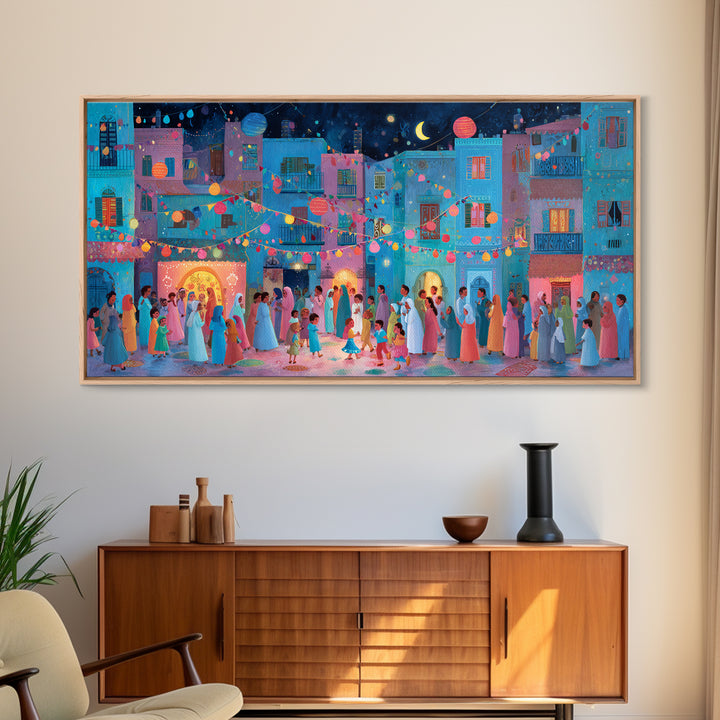 Colorful Moonlit Wedding Street Wall Art, Mediterranean Festival Canvas Print, Dopamine Decor, Joyful Village Poster Gift