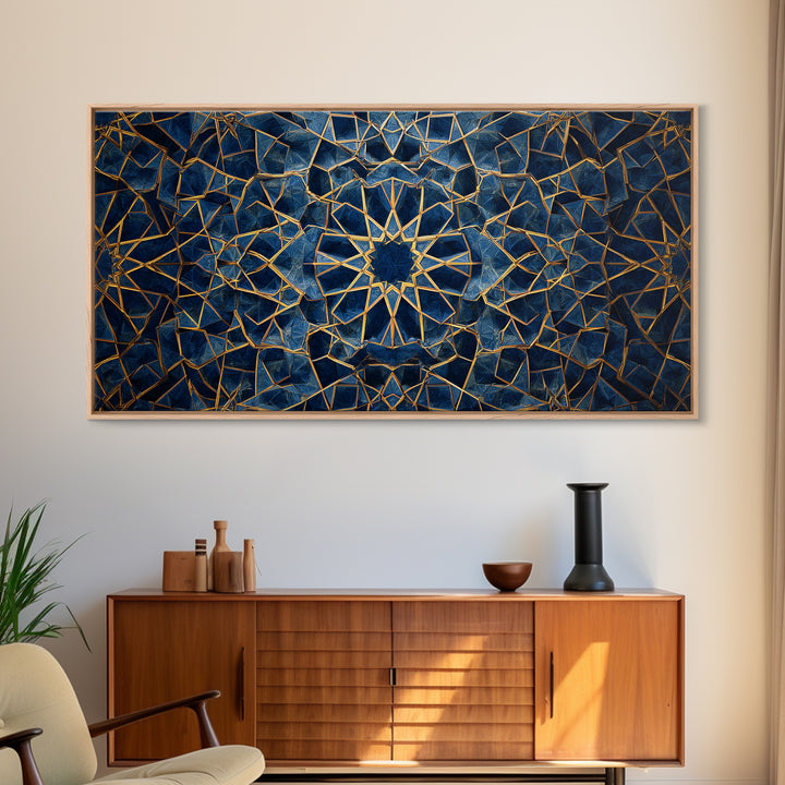 Blue Gold Islamic Geometric Wall Art, Sacred Pattern Canvas Print, Moroccan Tile Decor For Modern Living Room Home Decor Gift
