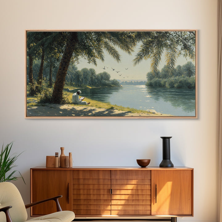 Palm Shaded River Reader Canvas Print, Serene Tropical Landscape Wall Art, Coastal Home Decor, Office Decor, Housewarming Gift For Her